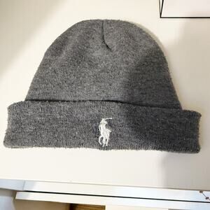 Polo Ralph Lauren Gray Wool Blend Beanie Cap Hat with White Pony Logo Mens OS